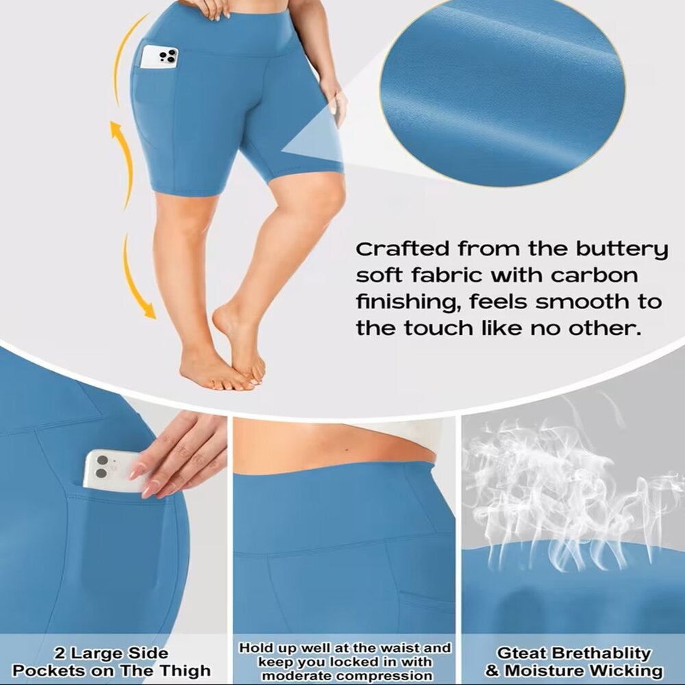 Women's Soft Plus 1X - 3 X High waisted bike shorts w/pockets Blue Poly/Spandex